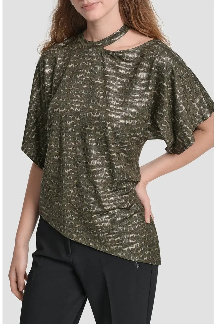 Dkny Top Womens Large Olive Cheeth Asymmetrical Hem Choker Cutout Neck Boho NWT